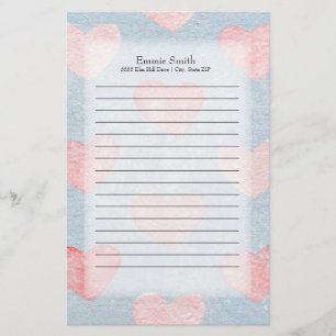 Personalised Pink Hearts on Blue Watercolor Stationery