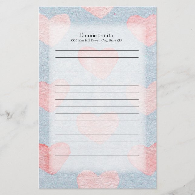 Personalised Pink Hearts on Blue Watercolor Stationery (Front)