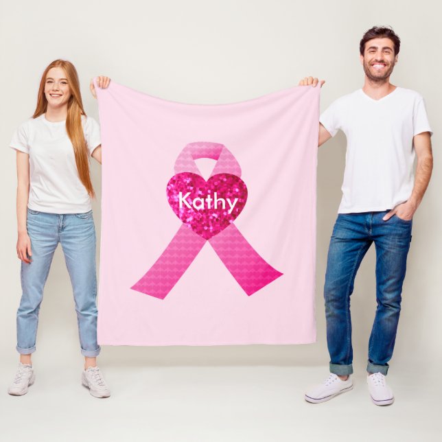 Personalised Pink Hearts Ribbon Breast Cancer Fleece Blanket (In Situ)