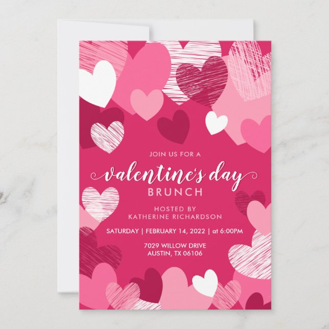 Personalised Pink Hearts Valentine's Day Brunch Invitation (Front)