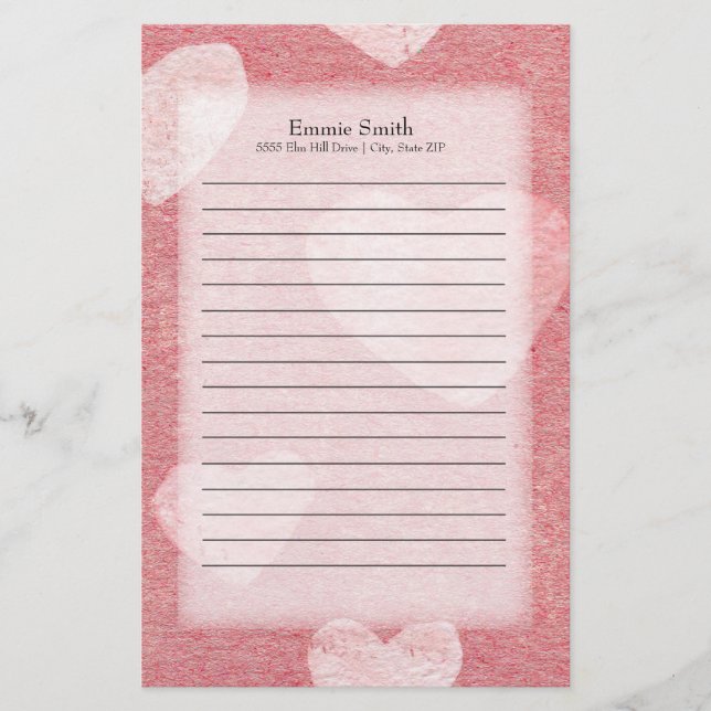 Personalised Pink Hearts Watercolor Stationery (Front)