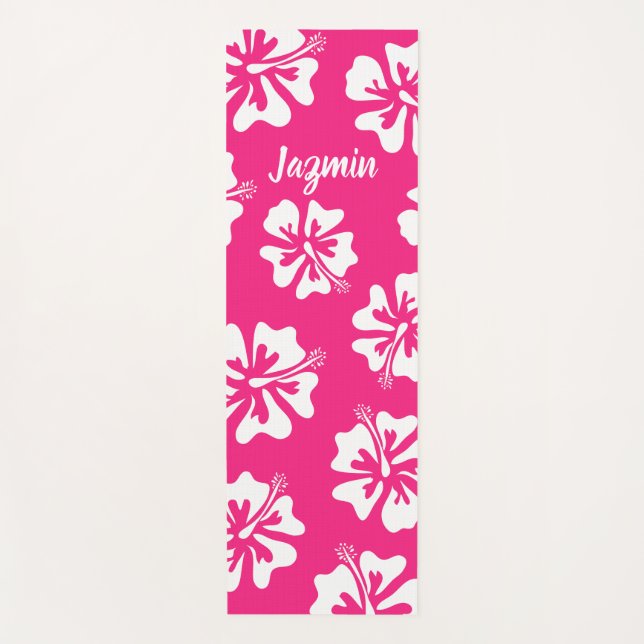 Personalised pink Hibiscus flower floral yoga mat  (Front)