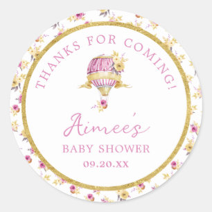 Personalised Pink Hot Air Balloon Baby Shower Classic Round Sticker