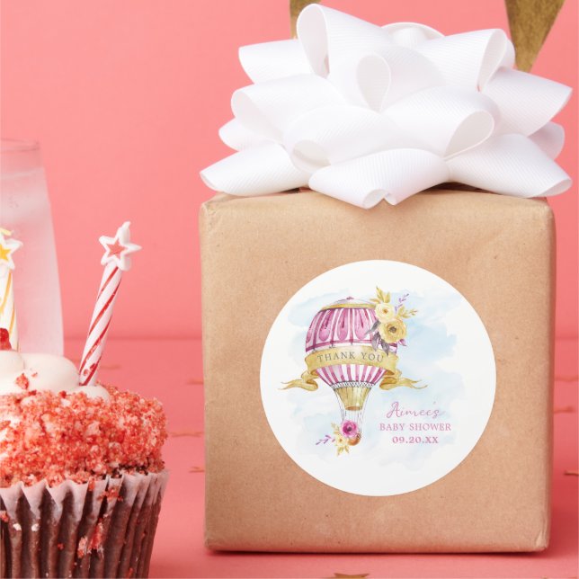 Personalised Pink Hot Air Balloon Baby Shower  Classic Round Sticker (Party)