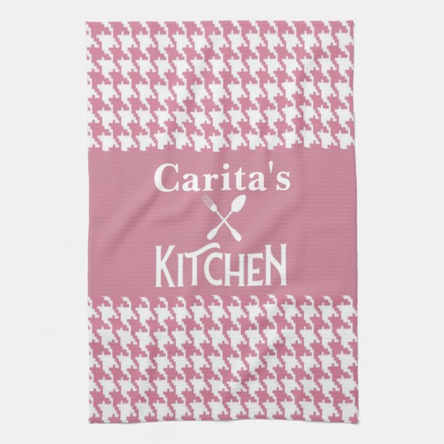 Personalised Pink Houndstooth Kitchen Towel (Vertical)