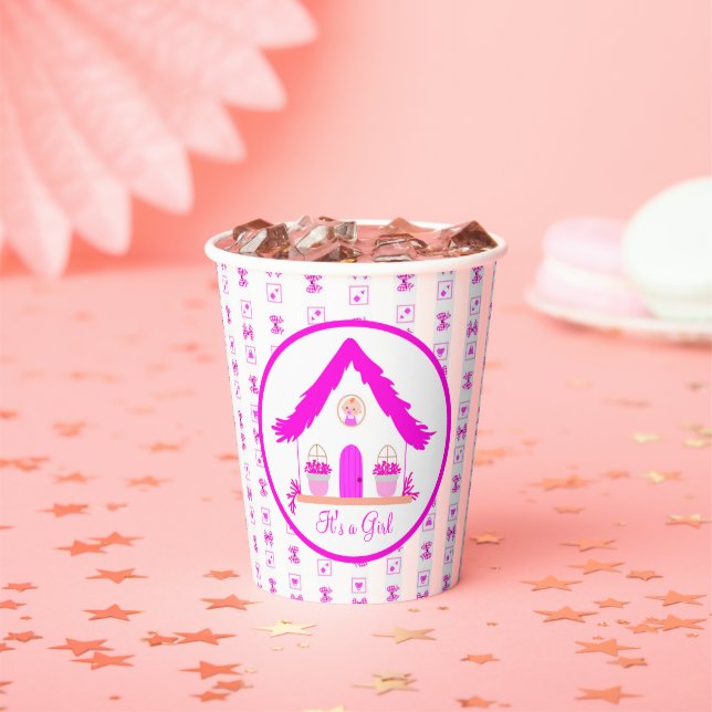 Personalised Pink House It's a Girl Baby Shower Paper Cups (Insitu)