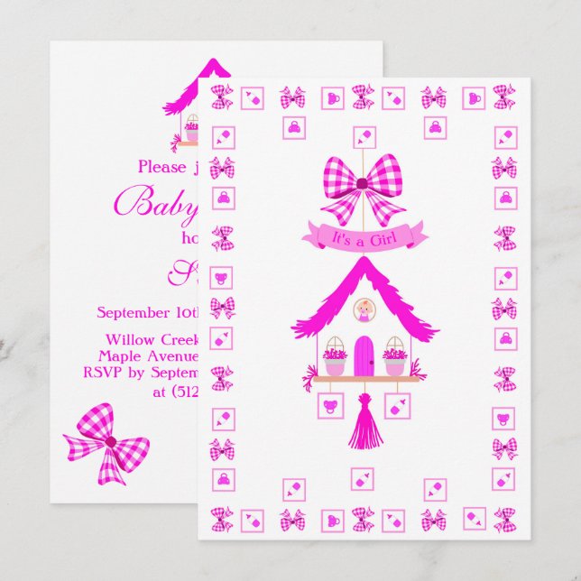 Personalised Pink House It's a Girl Invitation (Front/Back)