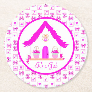 Personalised Pink House It's a Girl Round Paper Coaster