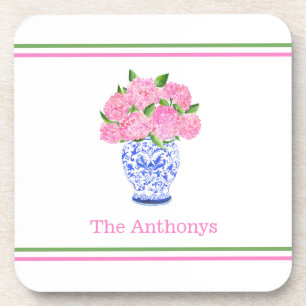 Personalised Pink Hydrangea Chinoiserie Striped Coaster
