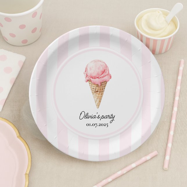 Personalised Pink Ice Cream Cone Birthday Paper Plate (Creator Uploaded)