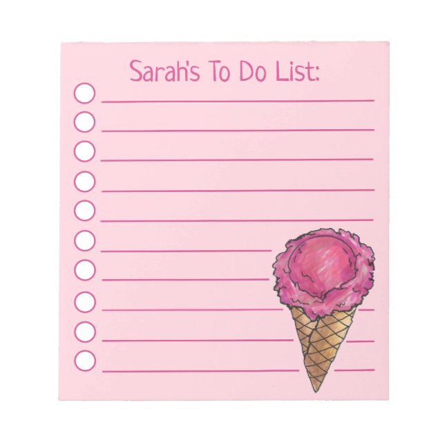 Personalised Pink Ice Cream Cone To Do List Notepad (Front)