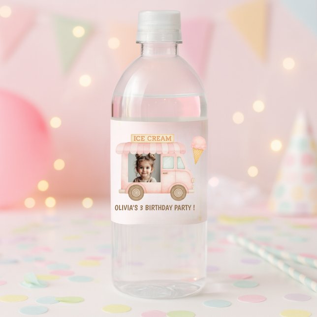 Personalised Pink Ice Cream Truck Birthday  Water Bottle Label (Creator Uploaded)