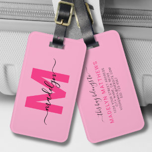 Personalised Pink Initial Name Monogram Luggage Tag