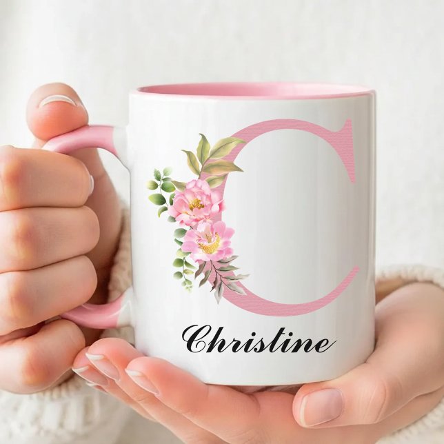 Personalised Pink Initial Name Mug Gift for Girls (Personalized Wildflower Mug Graduation Gift for Her, Pink Floral Name Mug Thank You Gift for Mom)