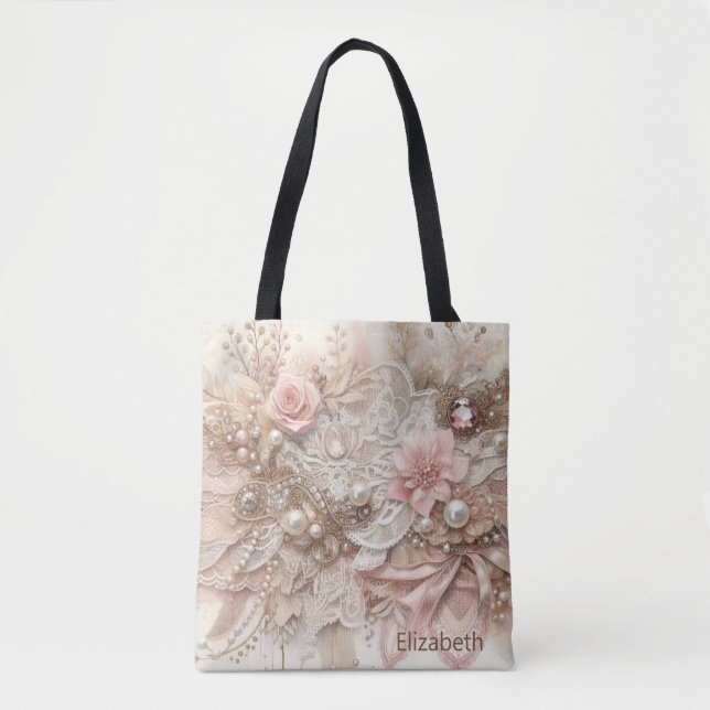 Personalised Pink Ivory Beige Florals Wedding Tote Bag (Front)