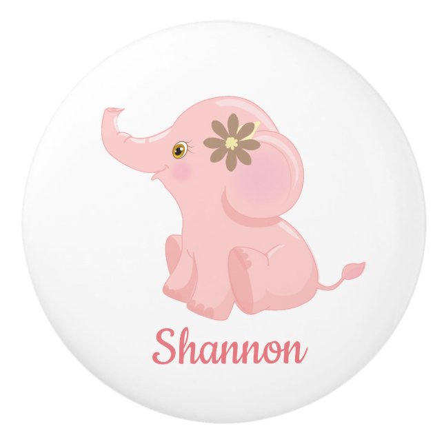 Personalised Pink Jungle Animal Elephant Nursery Ceramic Knob (Front)