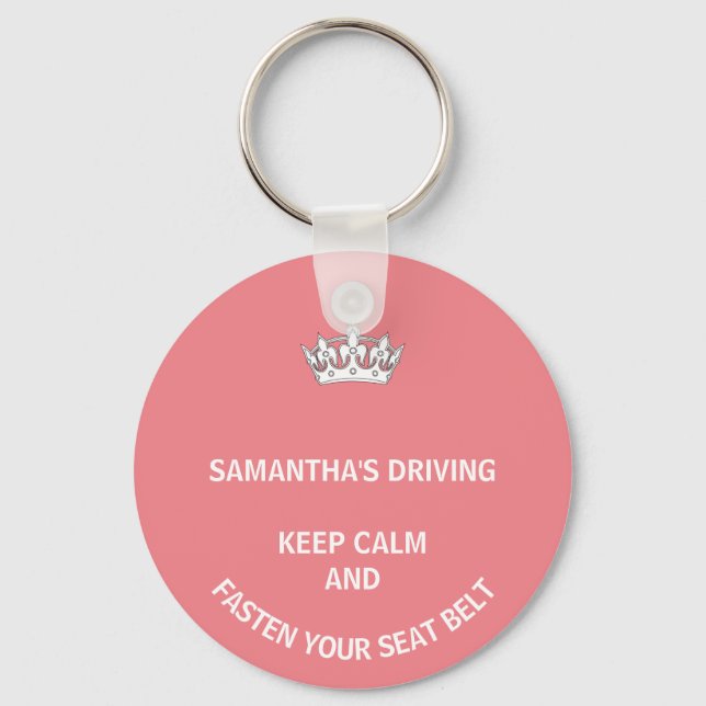 Personalised pink Keep Calm girly driving Key Ring (Front)
