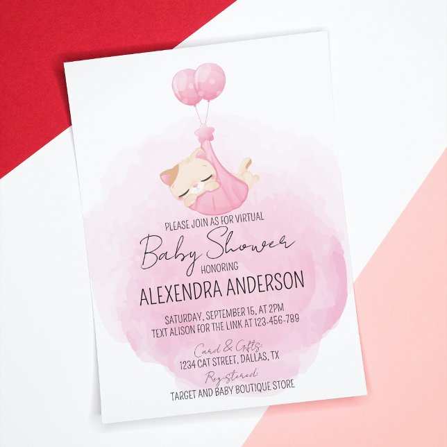 Personalised Pink Kitten Baby Girl Shower Invitation (Baby girl cat theme pink shower Invitation for cat lover mom-to be. )