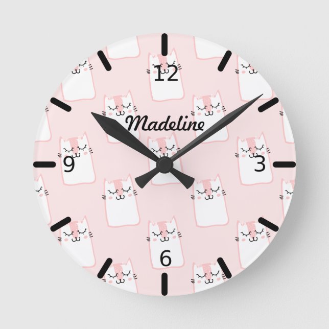 Personalised Pink Kitten Pattern Round Clock (Front)