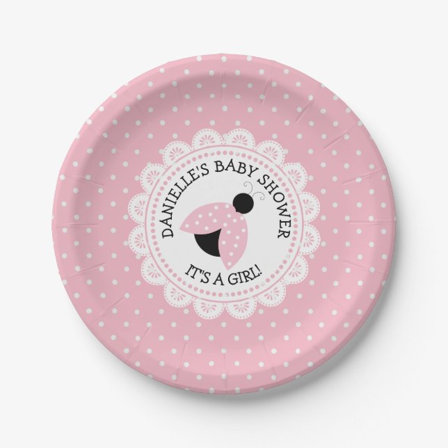 Personalised Pink Ladybug Baby Shower Paper Plates (Front)