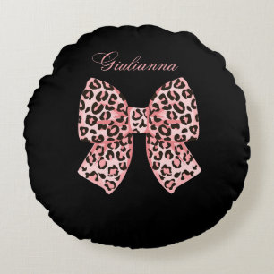 Personalised Pink Leopard Bow Round Pillow 