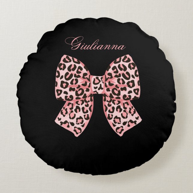 Personalised Pink Leopard Bow Round Pillow  (Front)