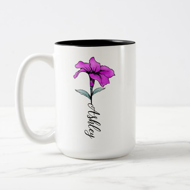 Personalised Pink Lily Flower Two-Tone Coffee Mug (Left)