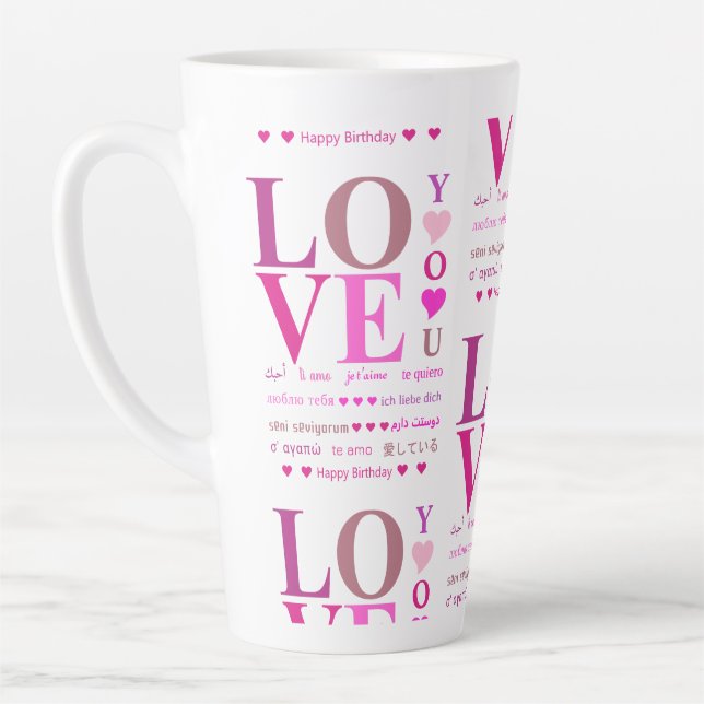 Personalised Pink "LOVE You" in Romance Languages Latte Mug (Left)