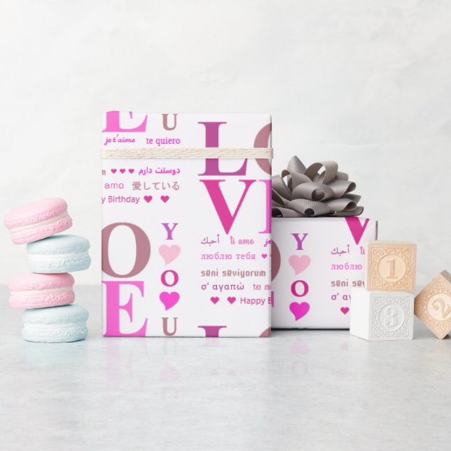 Personalised Pink "LOVE You" in Romance Languages Wrapping Paper (Baby Shower)