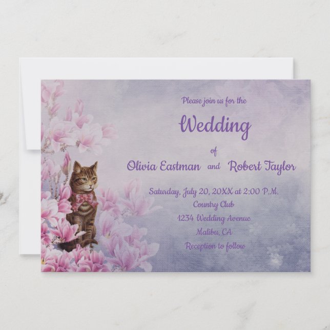 Personalised pink magnolia and cat wedding invitation (Front)