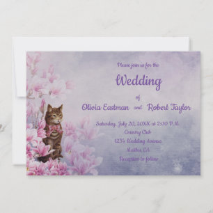 Personalised pink magnolia and cat wedding invitation