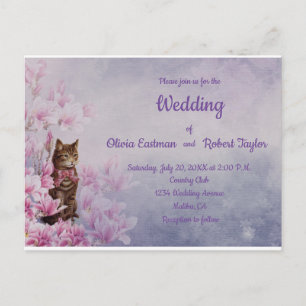 Personalised pink magnolia and cat wedding postcard