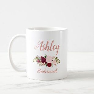 Personalised Pink Marsala Floral Bridesmaid Coffee Mug
