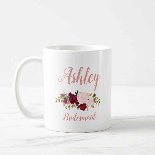 Personalised Pink Marsala Floral Bridesmaid Coffee Mug (Left)