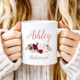 Personalised Pink Marsala Floral Bridesmaid Coffee Mug