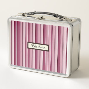 Personalised Pink Mauve Stripes Metal Lunch Box