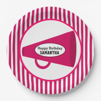 Personalised Pink Megaphone And Pink Stripes Paper Plate