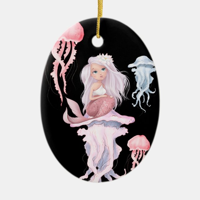 Personalised Pink Mermaid and Jellyfish Christmas Ceramic Tree Decoration (Front)