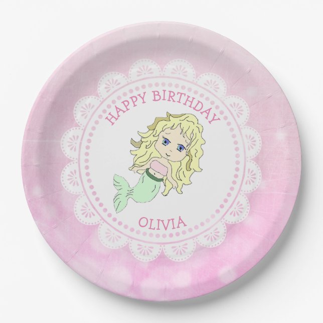 Personalised Pink Mermaid Birthday Plates (Front)