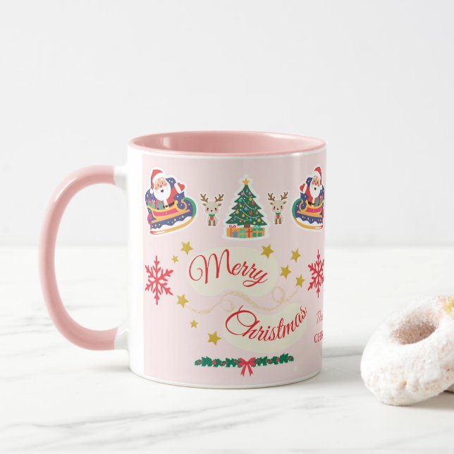 Personalised Pink Merry Christmas Santa Sleigh Mug (With Donut)