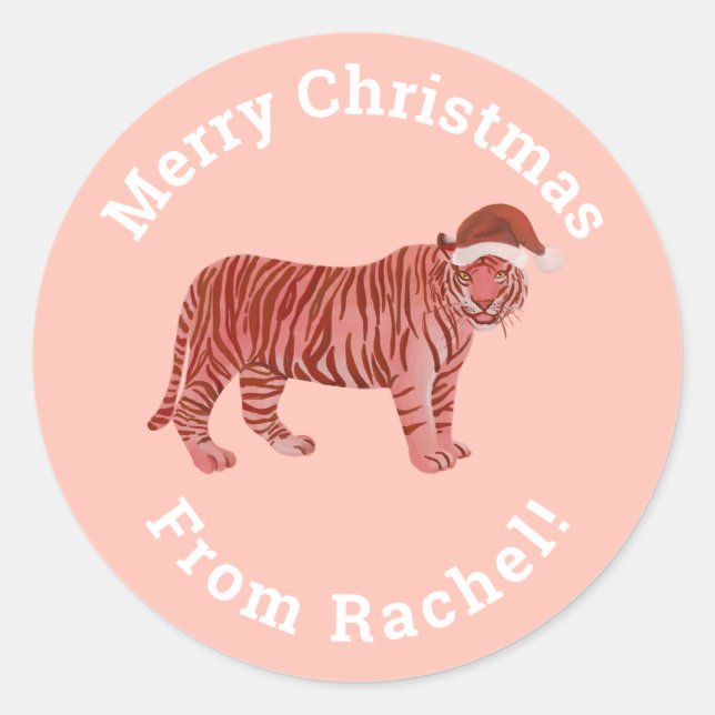 Personalised Pink Merry Christmas Santa Tiger Classic Round Sticker (Front)