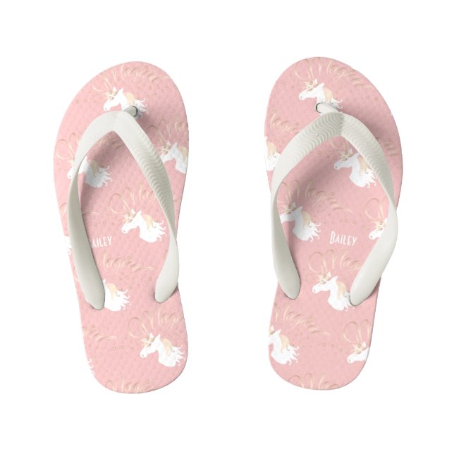 Personalised Pink Modern Magical Unicorn Girl Kid's Flip Flops (Footbed)