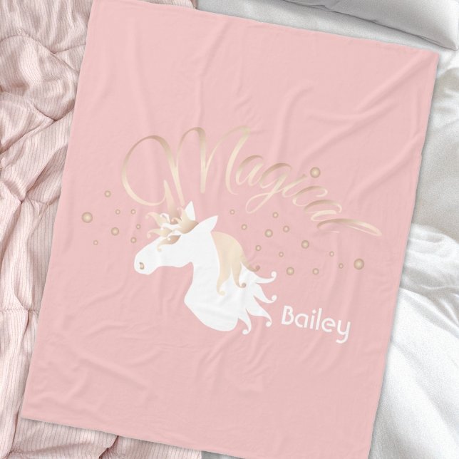 Personalised Pink Modern Magical Unicorn Kids Fleece Blanket (Creator Uploaded)