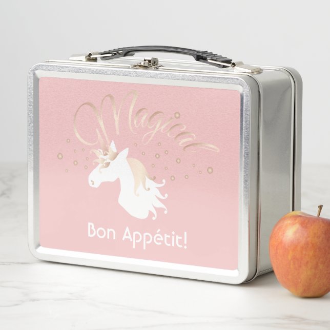 Personalised Pink Modern Magical Unicorn Kids Metal Lunch Box (In Situ)