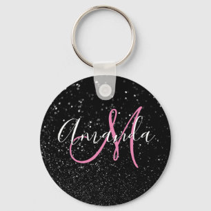 Personalised Pink Monogram Faux Black Glitter Key Ring