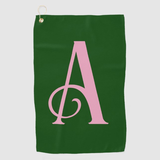 Personalised Pink Monogram Initial on Dark Green Golf Towel (Front)