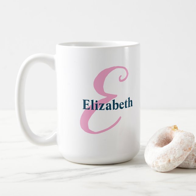 Personalised Pink Monogram Letter E Custom Name  Coffee Mug (With Donut)