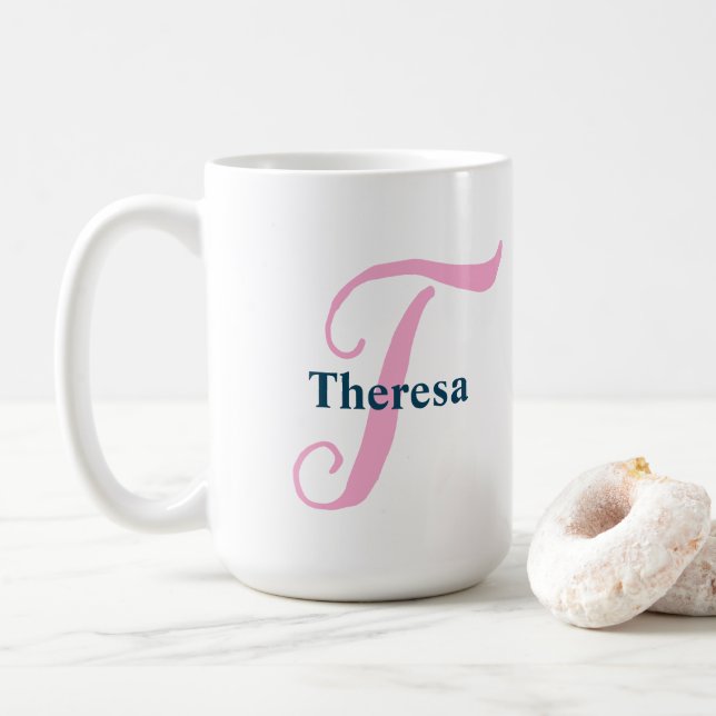Personalised Pink Monogram Letter T Custom Name Coffee Mug (With Donut)