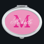 Personalised pink monogram oval compact mirror<br><div class="desc">Personalised name monogram makeup compact mirror. Custom oval compact mirror with elegant script typography and vintage monogram name initial letter. Cute girly gift idea for women and teen girls. Also makes an elegant wedding favour for beautiful bride, bridesmaids, maid of honour, guests etc. Customisable background colour. ie neon pink. Stylish...</div>