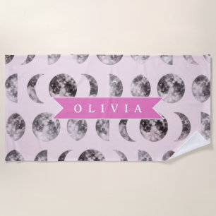 Personalised Pink Moon Phase Celestial Name Gift Beach Towel